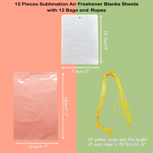 12 Pieces Vertical rectangle Sublimation Air Freshener Blanks Sheets with  12 bags and Ropes