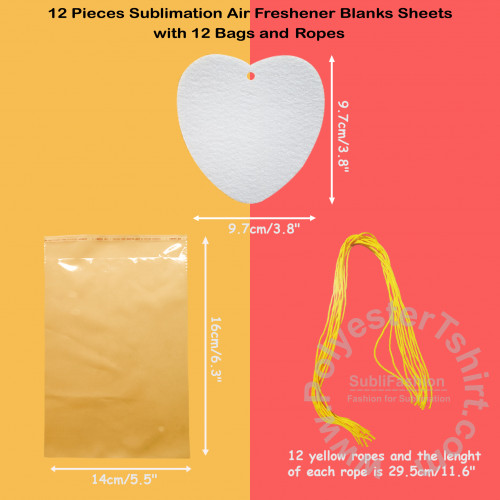 12 Pieces heart shaped Sublimation Air Freshener Blanks Sheets with 12 bags  and Ropes